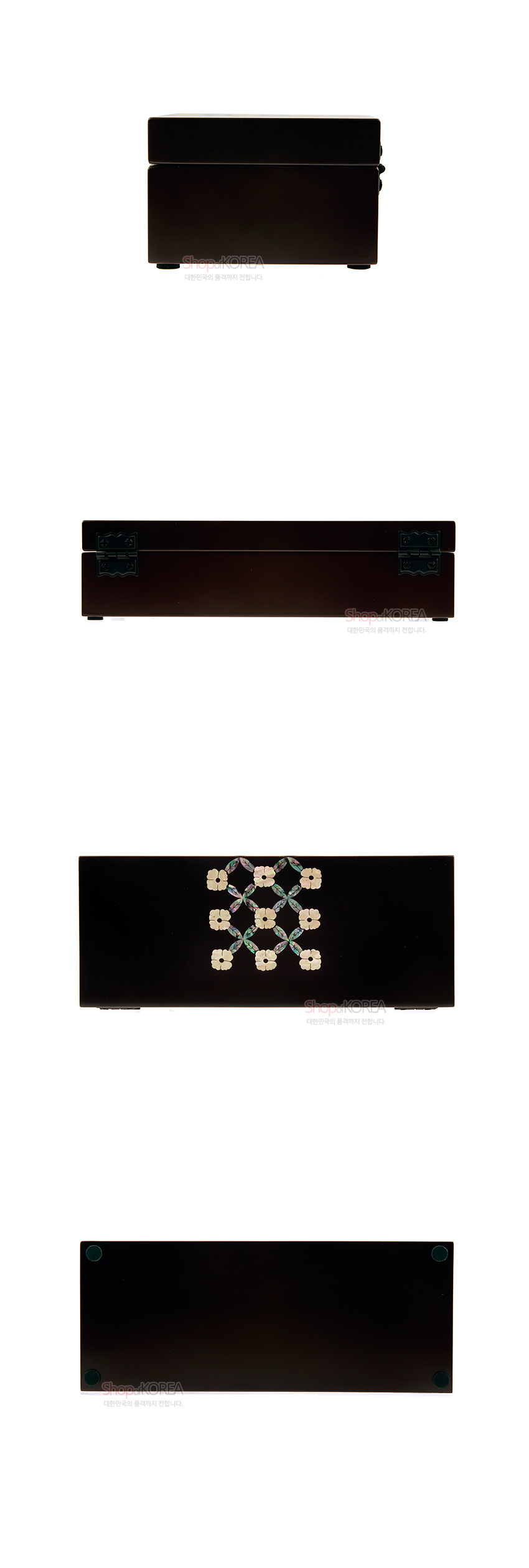 [텍스트: ShopKOREA 대한민국의 품격까지 전합니다.] 검은 옻칠 바탕 위 자개로 매화 문양을 상감한 직사각형 나전칠기 필함 정면·측면·바닥 면 모습