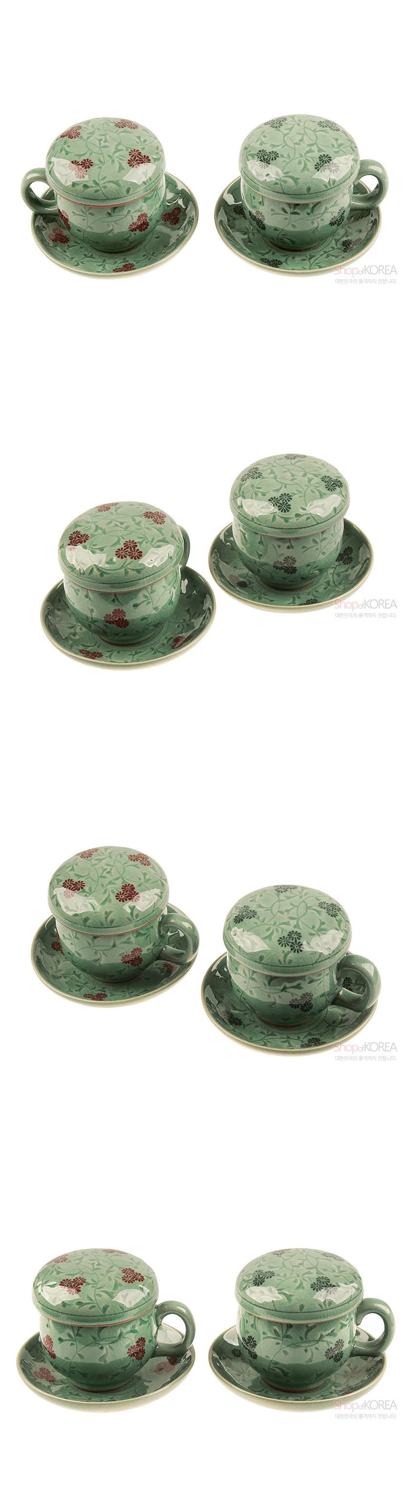 [텍스트: shopKOREA 대한민국의 품격이 전합니다] 청자 재질에 상감 기법으로 표현한 붉은색·검은색 국화와 넝쿨 무늬가 둘러진 연녹색 2인용 뚜껑 찻잔과 받침 구성