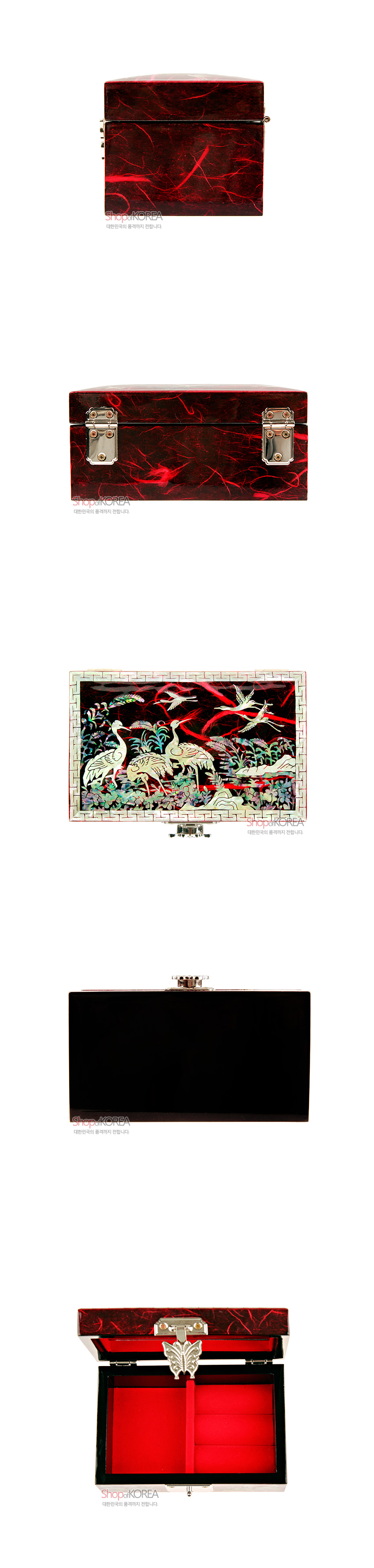 [텍스트: ShopofKOREA 대한민국 명품의 창,샾오브코리아 대한민국 명품의 창입니다.] 붉은 옻칠 바탕 위 자개 상감 군학·소나무·연꽃 문양과 금속 잠금장식, 내부 붉은 벨벳 보석 수납 구조를 갖춘 직사각 한지 나전함 이미지 설명