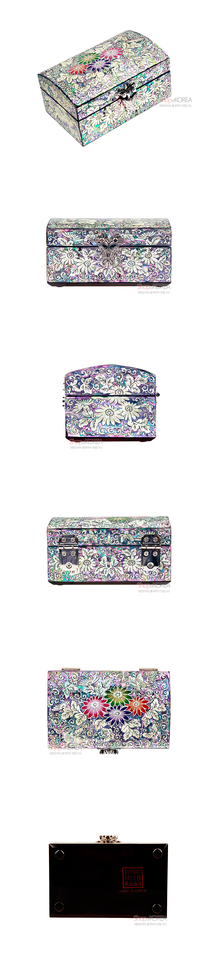 [텍스트: SHOPKOREA 대한민국 전통의 품격을 전합니다 / MADE IN KOREA] 자개 상감 기법과 옻칠 마감의 소형 보석함, 다채로운 국화와 넝쿨 문양, 금속 잠금장식과 곡선형 뚜껑이 조화된 디자인