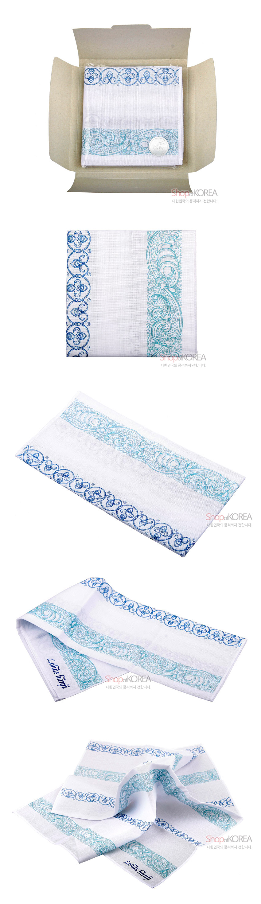 [텍스트: ShopofKOREA, Lotus fancy] 흰색 한지사 직물 위에 청색·청록색 연화 및 당초문 자수 장식이 둘레를 감싸는 전통 문양 손수건 이미지 설명