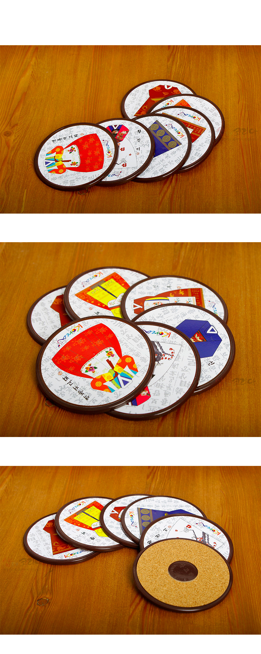 [텍스트: Korea, 한복, 한글] 합성수지 상단에 한복 일러스트와 다양한 전통 색상을 인쇄하고, 바탕에 회색 한글 문양을 더한 원형 코르크 받침 구조의 컵받침 세트