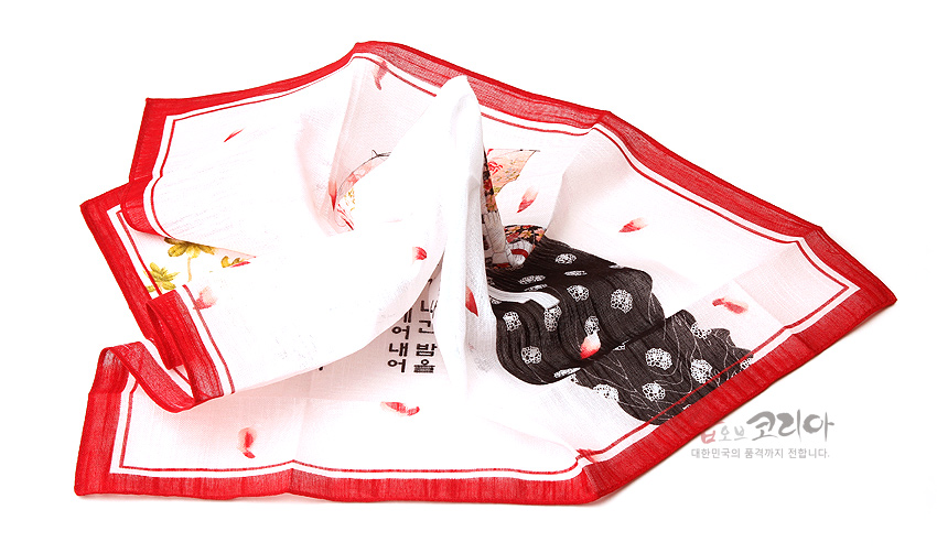 [텍스트: 샵오브코리아 대한민국의 품격까지 전합니다.] 흰 바탕과 붉은 테두리, 황진이 민속화 인물과 꽃잎 문양이 인쇄된 직물 손수건 디자인