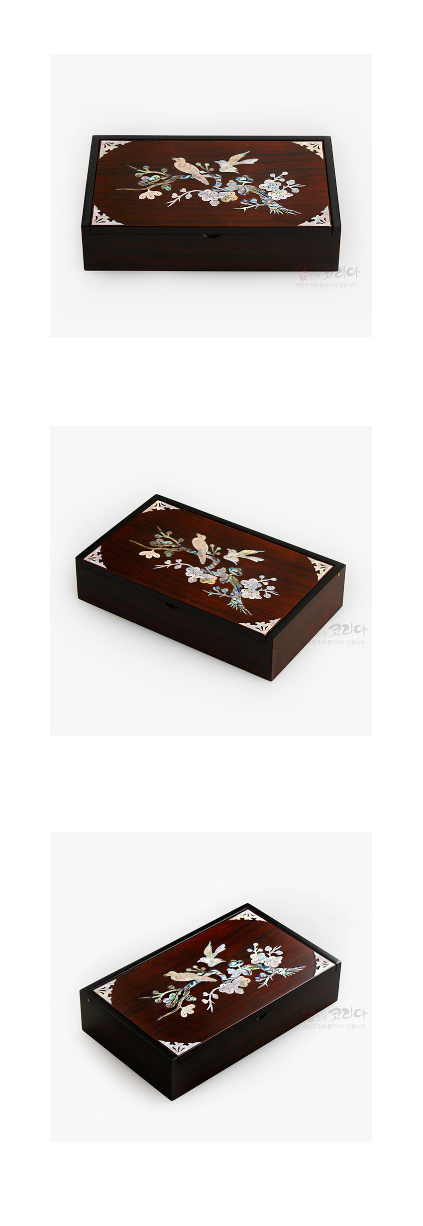 [텍스트: 샵오브코리아 대한민국을 품격있게 전하다.] 짙은 갈색 옻칠 나무 위 자개 상감 기법으로 매화와 새, 모서리 장식을 넣은 사각 메모함 디자인