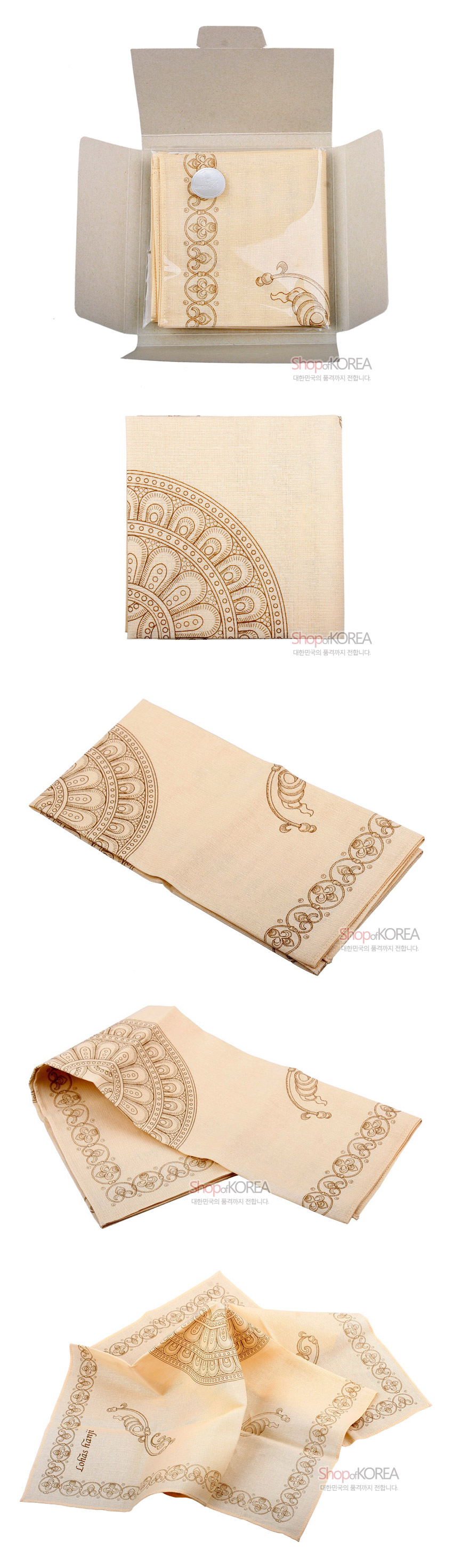 [텍스트: Shop of KOREA, 대한민국의 품격까지 전합니다 / Lotus Fairy] 연한 갈색 한지사 바탕에 갈색 선묘로 반원형 연꽃문과 연속 당초문을 둘레에 배치한 직사각 손수건 디자인