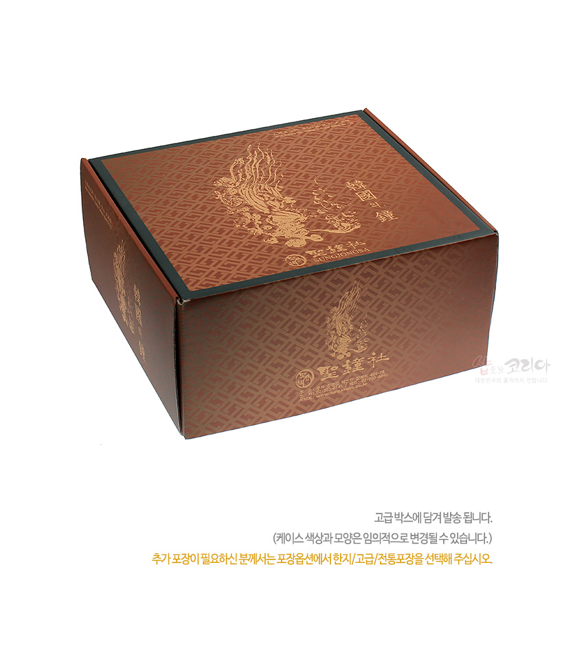 [텍스트: 高麗の鐘 KOREAN’S BELL] 갈색 바탕에 기하학 문양과 금색 봉황 일러스트, 한자와 영문 조합 인쇄된 종이 재질 포장 박스 디자인