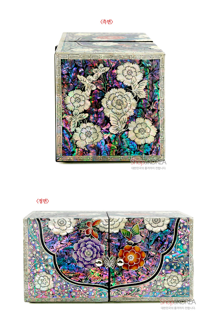 [텍스트: 측면, 정면] 흑색 옻칠 바탕에 자개 상감 기법으로 표현한 목단꽃과 나비, 형문 테두리와 다채로운 채색 꽃문양이 어우러진 쌍합 보석함 정면·측면 이미지