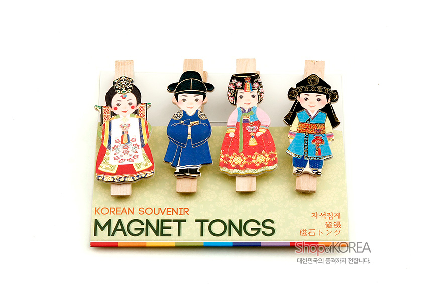[텍스트: KOREAN SOUVENIR MAGNET TONGS 자석집게 磁鐵 磁石トング ShopKOREA 대한민국의 품격까지 전합니다.] 전통 혼례복과 궁중 복식 차림 신랑신부·동자·동녀 일러스트 나무 메모자석, 적·청·황 대비 색상과 꽃문양 장식 디자인
