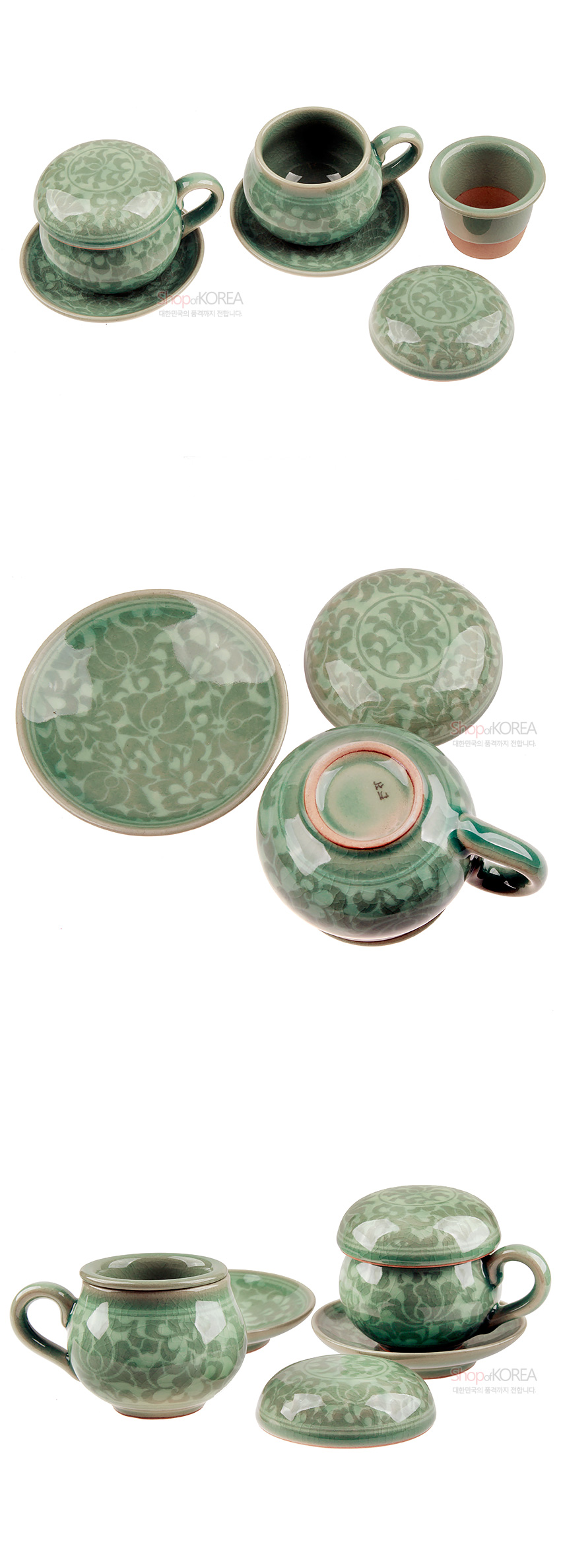[텍스트: ShopofKOREA 대한민국의 품격까지 전합니다.] 연녹색 청자 재질에 백상감 기법으로 표현된 목단 당초문을 담은 뚜껑잔과 받침 구성의 다기 세트 이미지 설명
