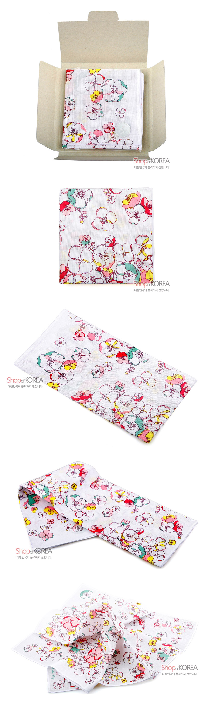 [텍스트: ShopofKOREA 대한민국의 품격까지 전합니다] 흰색 한지사 바탕에 분홍·노랑·초록 등 다채로운 꽃무늬가 섬세하게 인쇄된 직사각형 손수건 이미지 표현