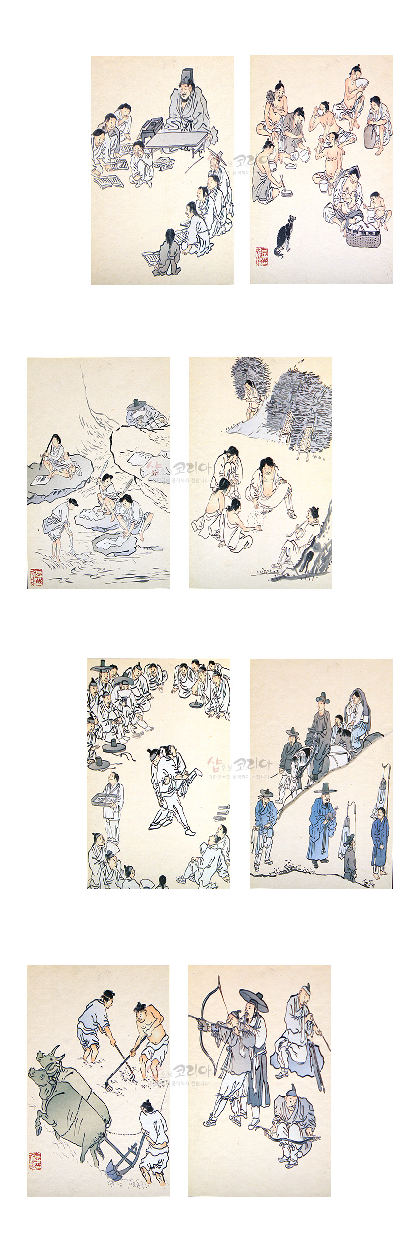 [텍스트: 샵오브코리아 대한민국 전통문화상품] 실크 질감의 바탕에 담묵과 옅은 채색으로 표현된 김홍도 풍속도 8점 구성, 농사·교육·놀이 장면과 인물 묘사가 조화를 이룬 전통 회화 이미지