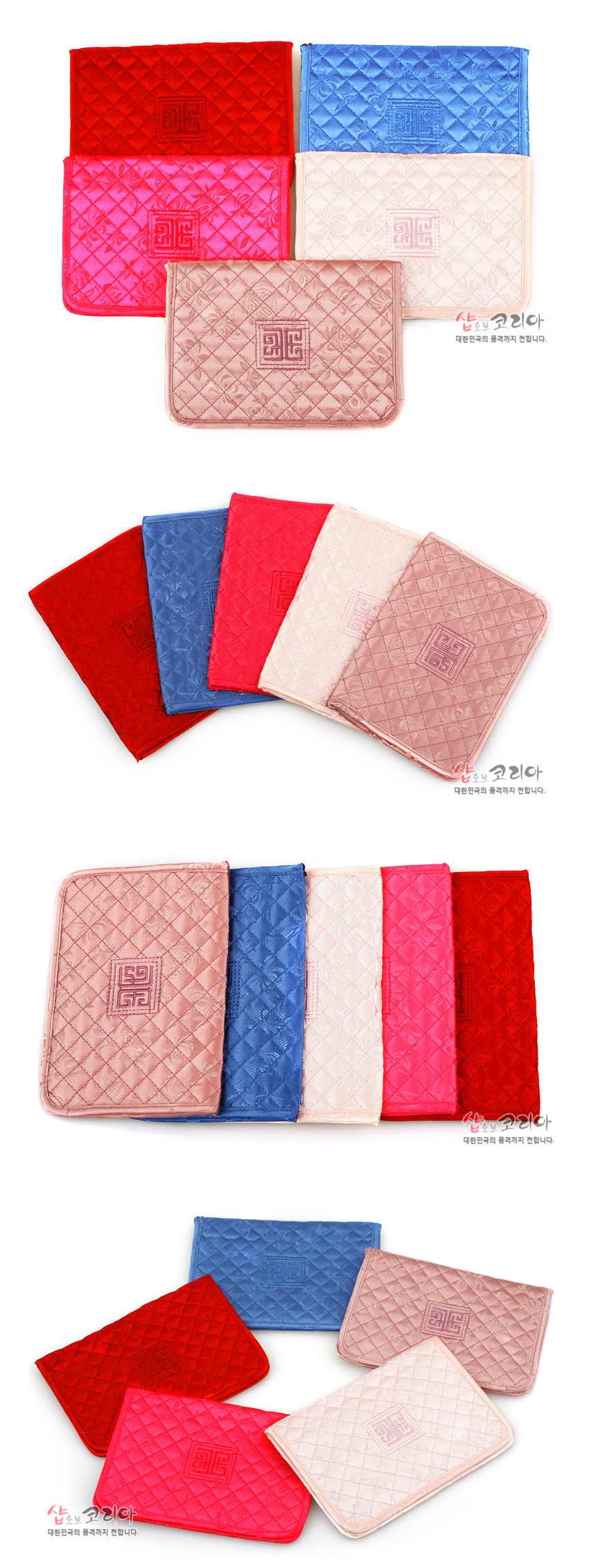 [텍스트: 샵오브코리아 대한민국의 품격까지 전합니다.] 붉은색·분홍·아이보리·파랑·연보라 비단 누비 여권지갑, 마름모 격자 누비와 중앙 전통 기하학 수纹, 은은한 꽃문양 장식