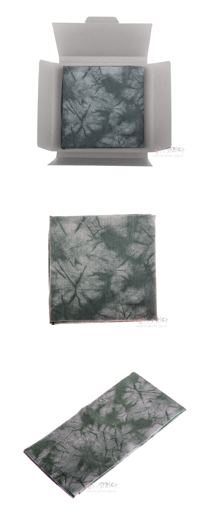 [텍스트: 샵오브코리아 대한민국의 품격까지 전합니다.] 한지사 재질의 회색 계열 나염 손수건, 잔잔한 세로 직조와 먹 번짐 같은 추상 잎맥 문양이 어우러진 디자인