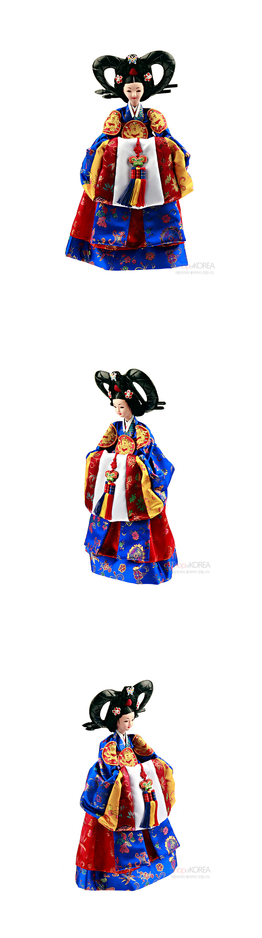 [텍스트: shopofKOREA 대한민국의 품격까지 전합니다] 청·홍·황색 비단에 금사 자수로 봉황·보상화 문양을 더한 황후 한복 인형, 오색 술 노리개와 화려한 가체 장식을 갖춘 전통 공예품 묘사