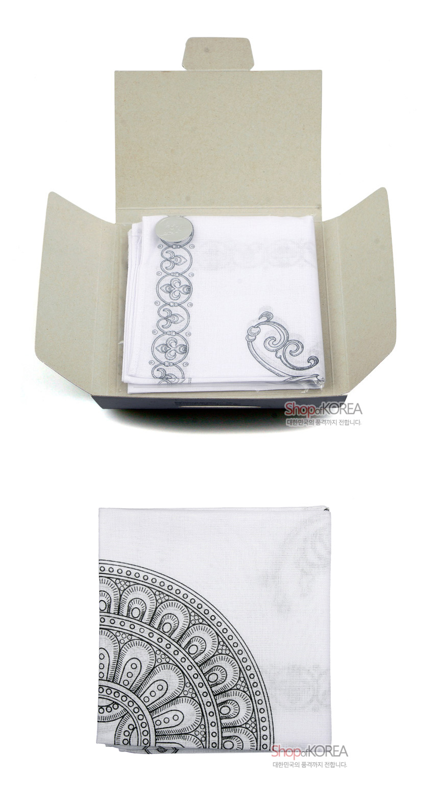 [텍스트: ShopKOREA 대한민국의 품격까지 전합니다.] 흰색 한지사 원단 위에 검은 선으로 반원형 전통 기하학·연화문 문양을 정교하게 인쇄한 손수건 이미지 설명