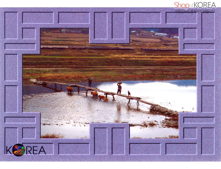 [텍스트: Shop of KOREA] 보라색 한지 질감의 전통 창살 기하학 무늬 테두리와 소떼가 나무 다리를 건너는 시골 들판 풍경 사진이 어우러진 엽서 디자인