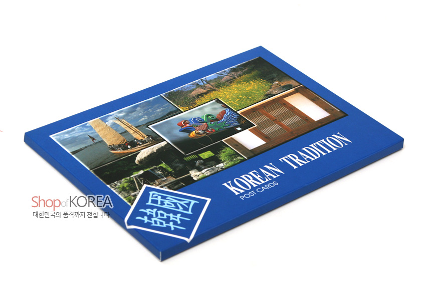 [텍스트: Shop of KOREA / 대한민국의 품격까지 전합니다 / KOREAN TRADITION / POST CARDS] 청색 배경 위 전통 가옥 창살, 꽃밭, 목선, 단청 문양 사진 콜라주 디자인의 엽서 세트 패키지 이미지