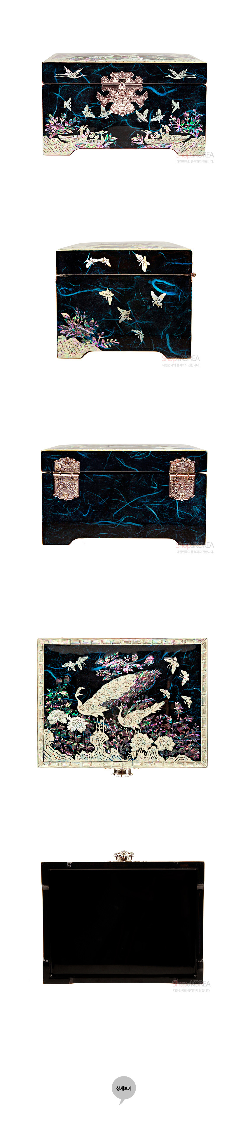 [텍스트: 상세보기] 흑색 옻칠 바탕에 공작·학·꽃·나비 문양을 자개 상감으로 장식하고 금속 잠금장치와 경첩을 더한 직사각형 보석함 이미지 설명