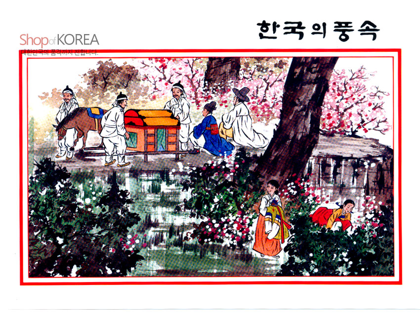 [텍스트: Shop of KOREA, 한국의 풍속] 한옥 정원과 연못을 배경으로 봄꽃 만개한 풍경 속 한복 인물과 가마 행렬을 수채화 기법으로 표현한 컬러 그림엽서 디자인