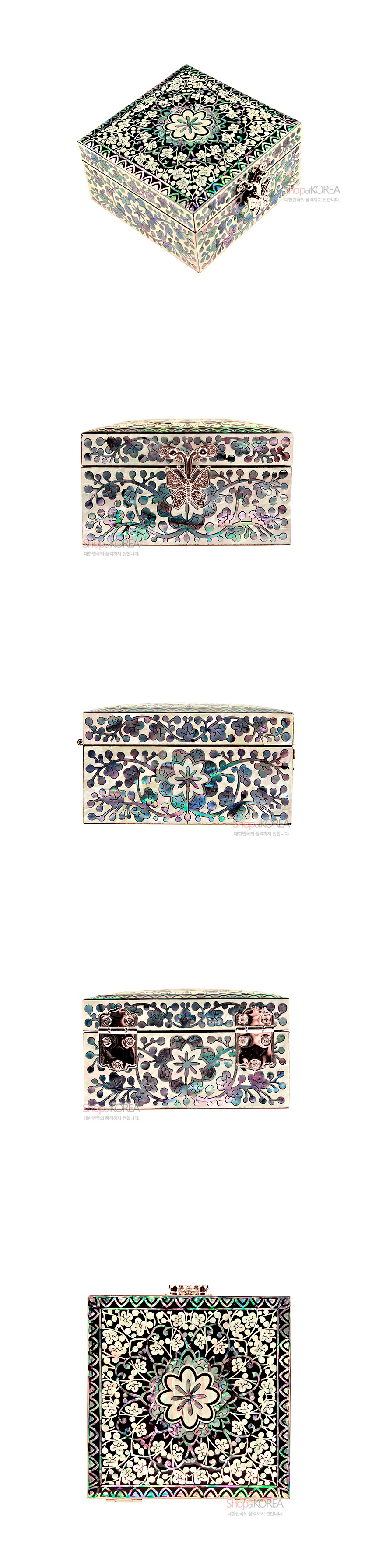 [텍스트: ShopofKOREA 대한민국 전통의 멋을 전합니다.] 흑색 옻칠 바탕에 자개 상감으로 당초무늬와 꽃·나비 문양을 섬세하게 둘러 장식한 사각 나전 정보석함 이미지