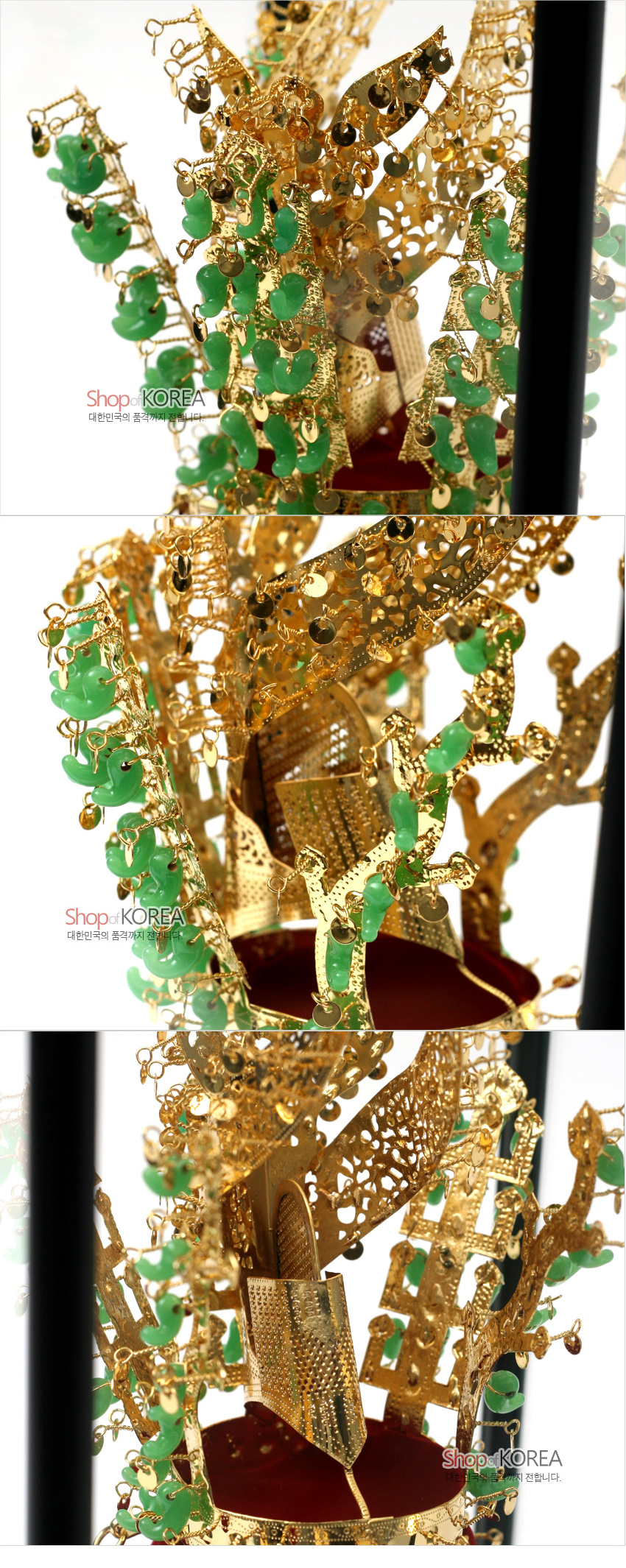 [텍스트: Shop of KOREA 대한민국의 품격까지 전합니다.] 금속 재질 위 세밀한 타공 기법과 녹색 옥 장식, 금색 원형 장식구가 어우러진 천마총 금관 재현 모형 디테일 묘사