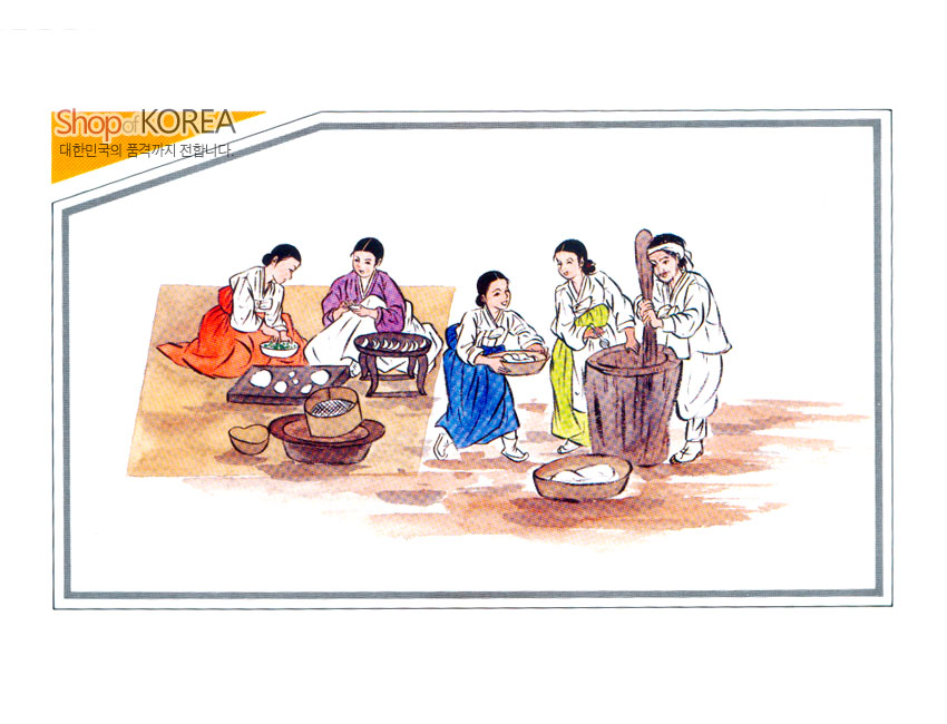 [텍스트: Shop of KOREA 대한민국의 품질까지 전합니다] 한복을 입은 인물들이 다채로운 색감으로 그려진 떡 찧기와 조리 장면의 민속 풍속화 그림엽서 이미지