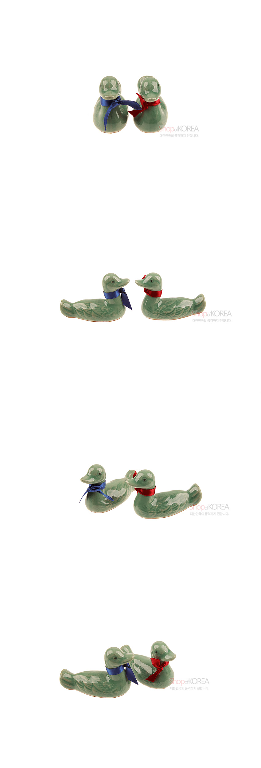 [텍스트: ShopofKOREA 대한민국의 문화가 됩니다.] 청자 유약의 연녹색 원앙 수저받침 한쌍, 청색·홍색 리본 장식과 은은한 조각 문양 표현