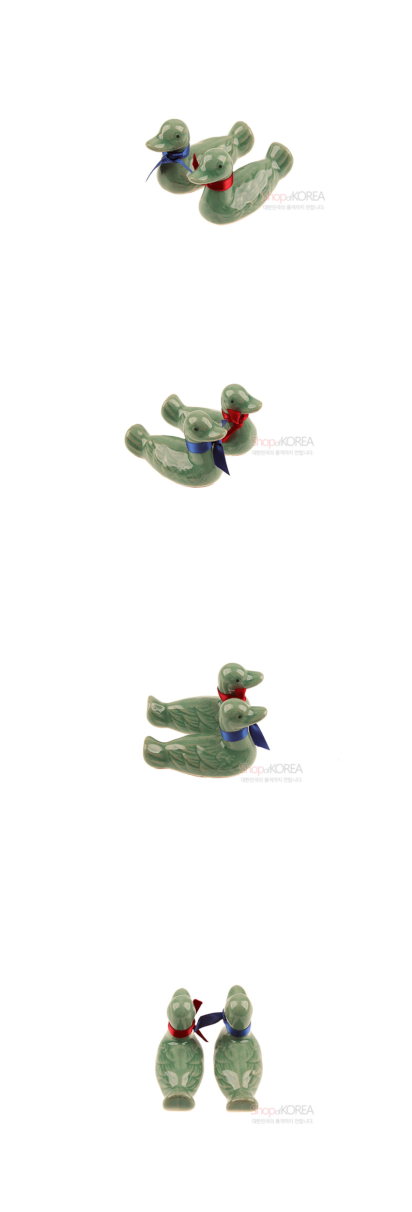 [텍스트: ShopofKOREA 대한민국의 품격까지 전합니다.] 청자 재질 원앙 형상 수저받침 한쌍, 녹청색 유약과 청·홍색 리본 장식, 깃털 음각 문양 표현