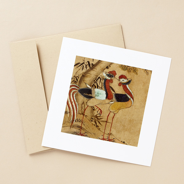 [텍스트: ] 전통 민화 기법으로 표현한 봉황 한 쌍과 대나무 문양, 황갈색 바탕 위 적색·청색·흑색 대비가 돋보이는 정사각 한지 프레임 카드 구성