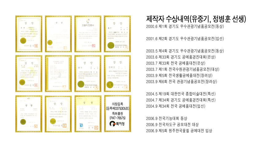 [텍스트: 제작자 수상내역(유중기, 정병훈 선생) 외] 금색 테두리와 인장을 가진 다수의 상장과 특허증서가 나열된 이미지 구성