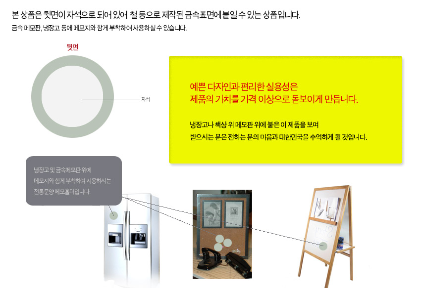 [텍스트: 본 상품은 뒷면이 자석으로 되어 있어 철 등으로 제작된 금속표면에 붙일 수 있는 상품입니다. 금속 메모판, 냉장고 등에 메모지와 함께 부착하여 사용하실 수 있습니다. 뒷면 자석 예쁜 디자인과 편리한 실용성은 제품의 가치를 가격 이상으로 돋보이게 만듭니다. 냉장고나 책상 위 메모판 위에 붙은 이 제품을 보면 받으시는 분은 저하는 본의 마음과 대한민국을 추억하게 될 것입니다. 냉장고 및 금속메모판 위에 메모지와 함께 부착하여 사용하시는 전통문양 메모홀더입니다.] 연녹색 원형 자석 뒷면과 냉장고, 메모판에 부착된 전통 문양 메모홀더 사용 예시 구성 이미지 설명