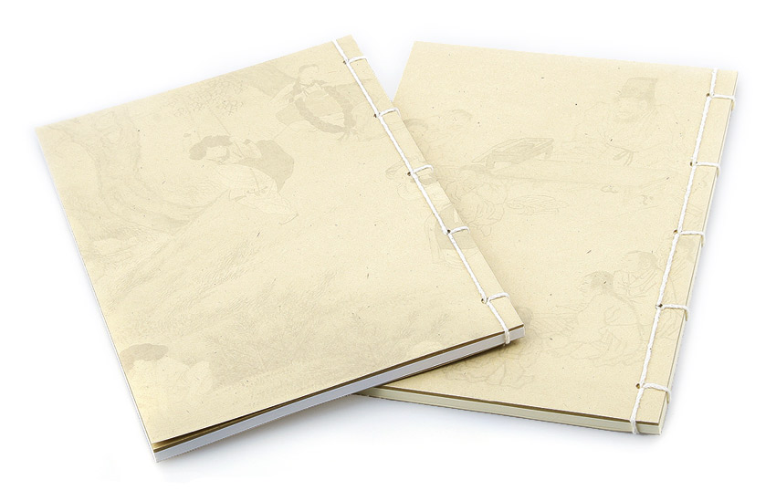 연한 베이지톤 한지 재질 표지 위에 희미한 신윤복 단오도 인물·풍경 문양 인쇄, 흰색 실로 전통 방식 제본된 대형 연습장 디자인