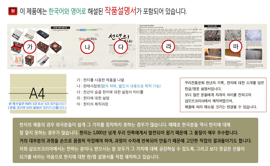 [텍스트: 이 제품에는 한국어와 영어로 해설된 작품설명서가 포함되어 있습니다. 가: 한지를 사용한 제품을 나열, 나: 판매시장용(브랜드 하에, 별도의 내용으로 제작 가능), 다: 천년의 숨결 한지에 대한 설명성 타이틀, 라: 한지에 대한 설명, 마: 한지의 제작과정] 한지 제품 설명 A4 인쇄물과 사진, 붉은 포인트와 베이지 배경의 정보 안내 구성 이미지 설명