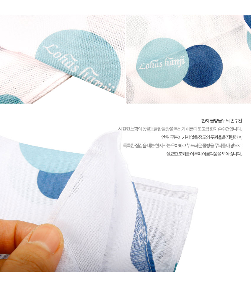 [텍스트: Lohas hanji, 한지 물방울무늬 손수건] 흰색 한지사 직물 위에 민트·코발트·하늘색 동그란 물방울 문양을 겹쳐 배치한 패턴, 가장자리를 촘촘한 박음질 처리한 반투명 질감의 전통 손수건 이미지 설명