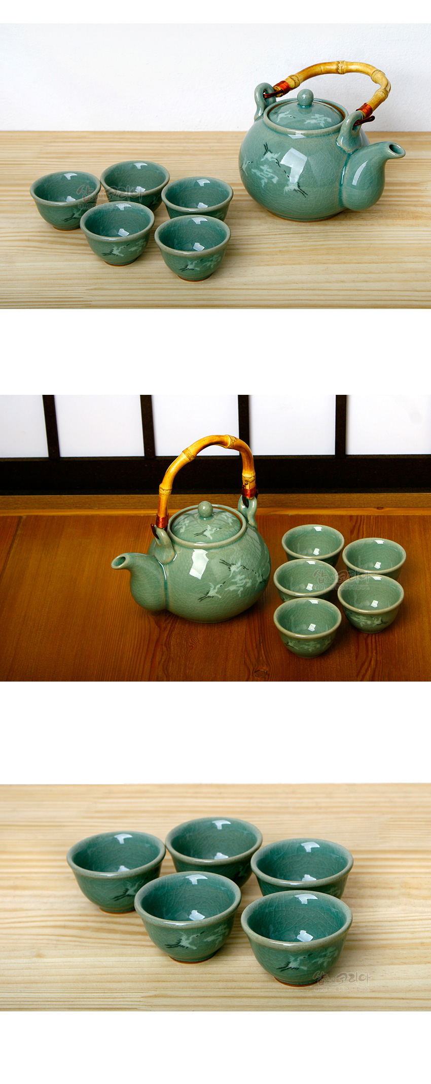 연녹색 청자 재질에 은은한 균열 유약이 입혀진 주전자와 다섯 잔 구성, 운학 상감 문양과 대나무 손잡이 장식이 어우러진 전통 다기 세트 모습