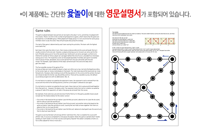 [텍스트: *이 제품에는 간단한 윷놀이에 대한 영문설명서가 포함되어 있습니다. / Game rules / YUT NORI] 흑색 선과 원형 말판, 파란색 화살표로 이동 경로를 표시한 윷놀이 보드 영문 설명서 이미지