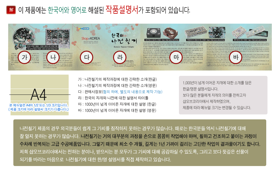 [텍스트: 이 제품에는 한국어와 영어로 해설된 작품설명서가 포함되어 있습니다.] 나전칠기 제품 제작 과정과 자개 의미를 한국어·영어로 설명한 안내서 구성 이미지