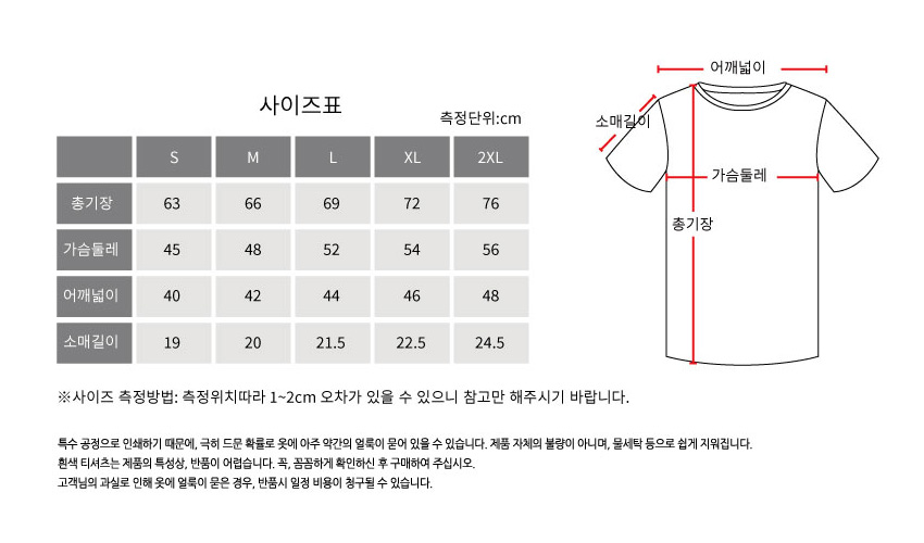 [텍스트: 사이즈표, 측정단위:cm, S, M, L, XL, 2XL, 총기장, 가슴둘레, 어깨넓이, 소매길이] 흰색 반소매 티셔츠 치수 안내 도해와 회색 표가 배치된 사이즈 정보 이미지