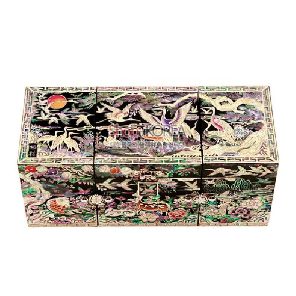 김영만 작(作) 3폭 쌍합보석함大-장생도(흑)