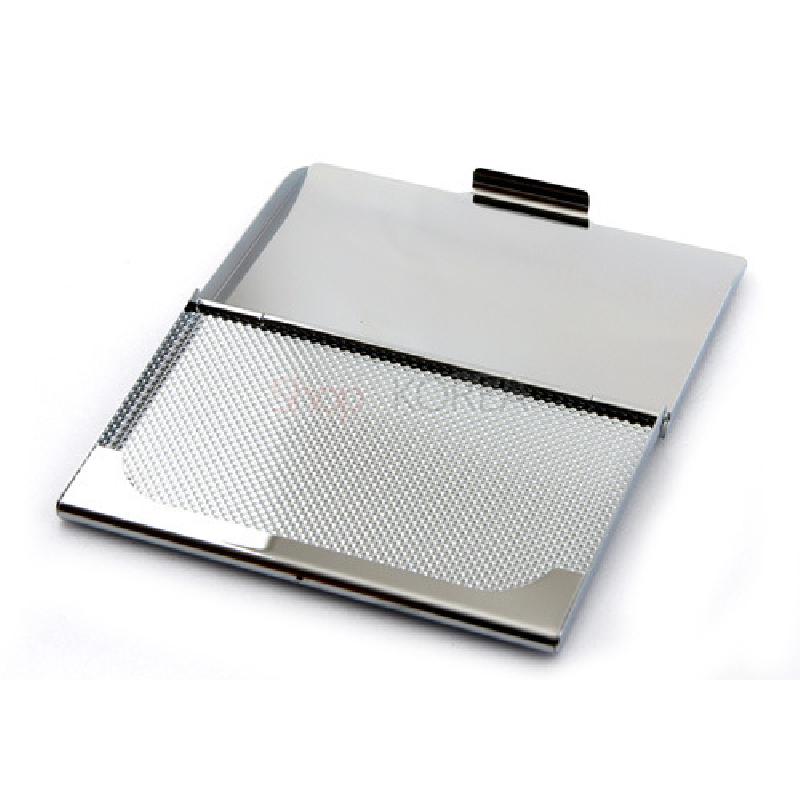 스테인리스 스틸 명함집 내부 펼친 모습, 메쉬 패턴 수납면과 광택 뚜껑