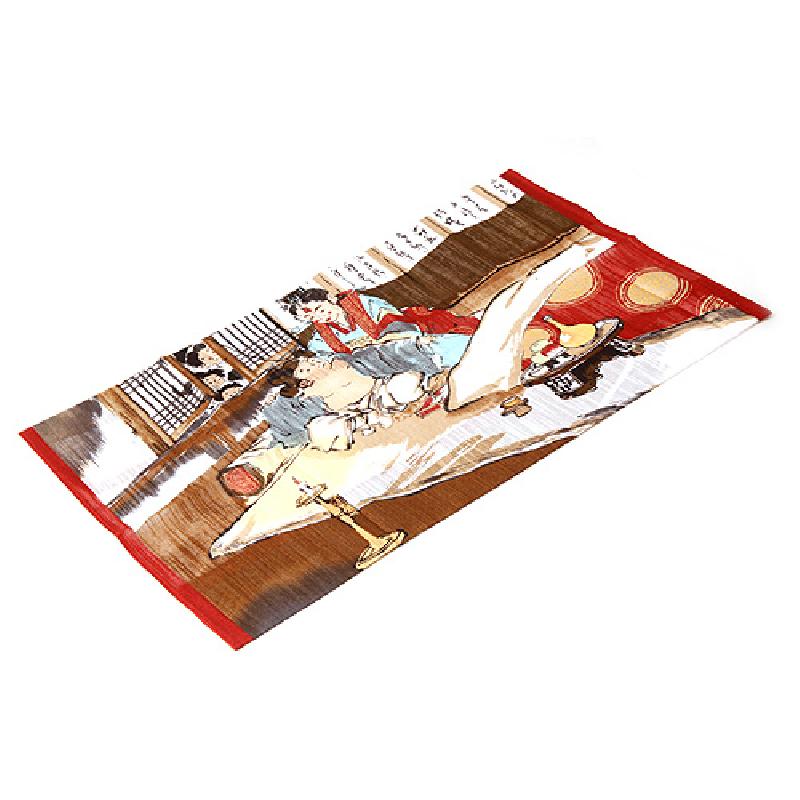 전통 혼례 장면의 민속화가 인쇄된 직물 손수건, 붉은 테두리와 갈색·청색·적색의 다채로운 색감이 특징인 디자인.