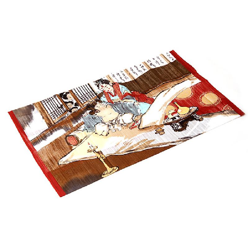 전통 혼례 장면을 민속화 스타일로 인쇄한 천 재질 손수건, 붉은 테두리와 다채로운 색감이 돋보이는 민속화 손수건.