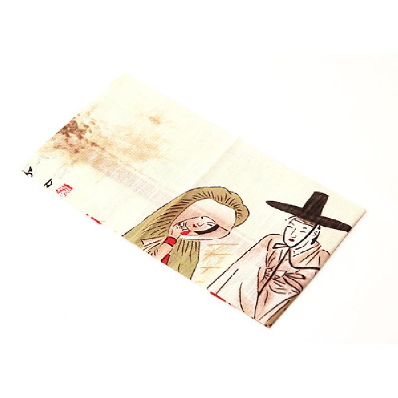 밝은 아이보리 천에 신윤복 월하정인 풍속화를 담은 손수건, 담채 기법과 부드러운 갈색·연두·적색 대비가 특징인 전통 회화 문양. 밝은 아이보리 천에 신윤복 월하정인 풍속화를 담은 손수건, 담채 기법과 부드러운 갈색·연두·적색 대비가 특징인 전통 회화 문양.