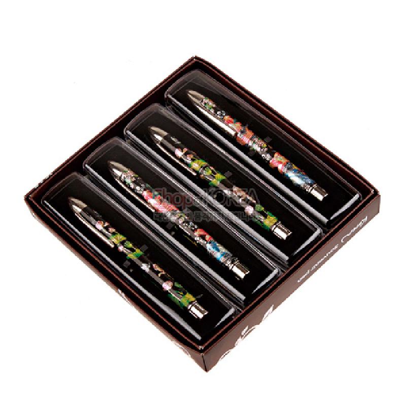 검은 바탕에 자개 상감 기법으로 연꽃과 나비 문양을 넣은 금속 장식 볼펜 4종 세트. 검은 바탕에 자개 상감 기법으로 연꽃과 나비 문양을 넣은 금속 장식 볼펜 4종 세트.