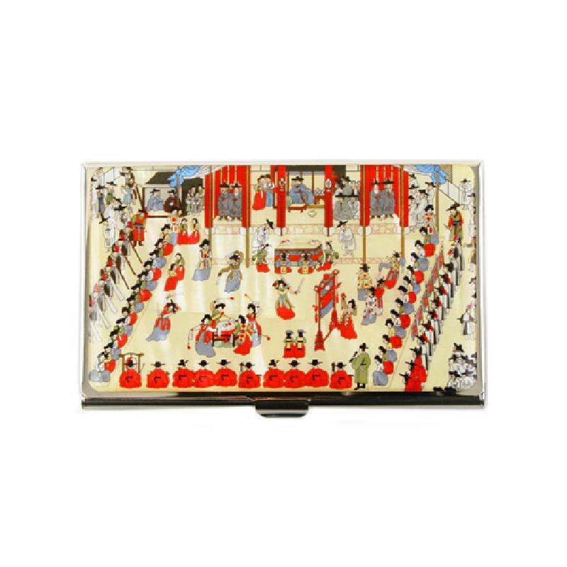 부벽루 연회 장면을 섬세한 채색으로 표현한 금속 재질 명함집, 붉은색과 아이보리 조화의 전통 궁중연회도 장식.