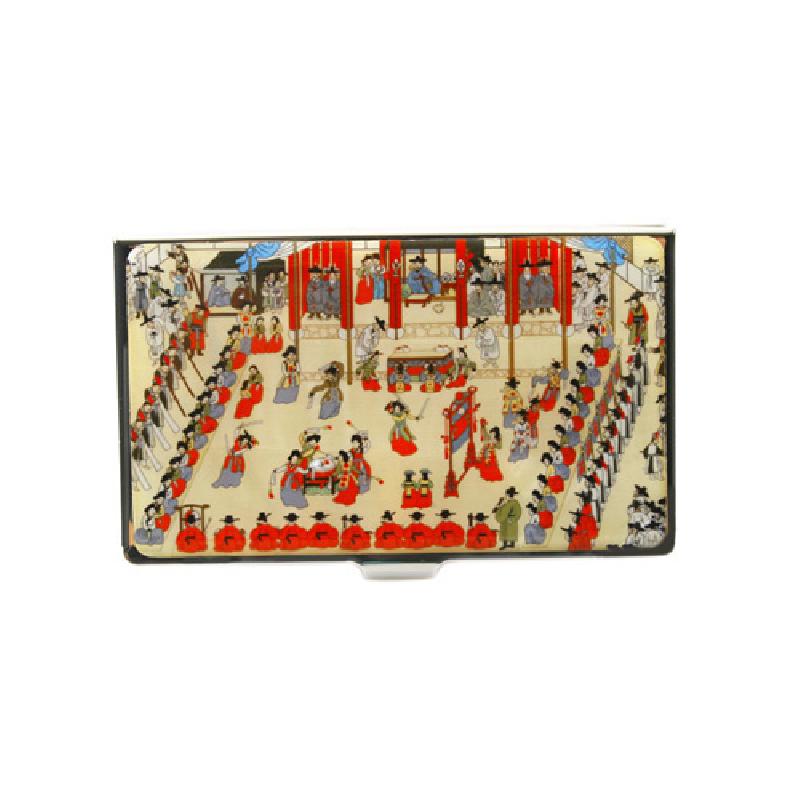 부벽루 연회 장면을 세밀한 채색으로 표현한 금속 명함집, 붉은색과 아이보리 톤의 전통 인물·건축 문양 장식.