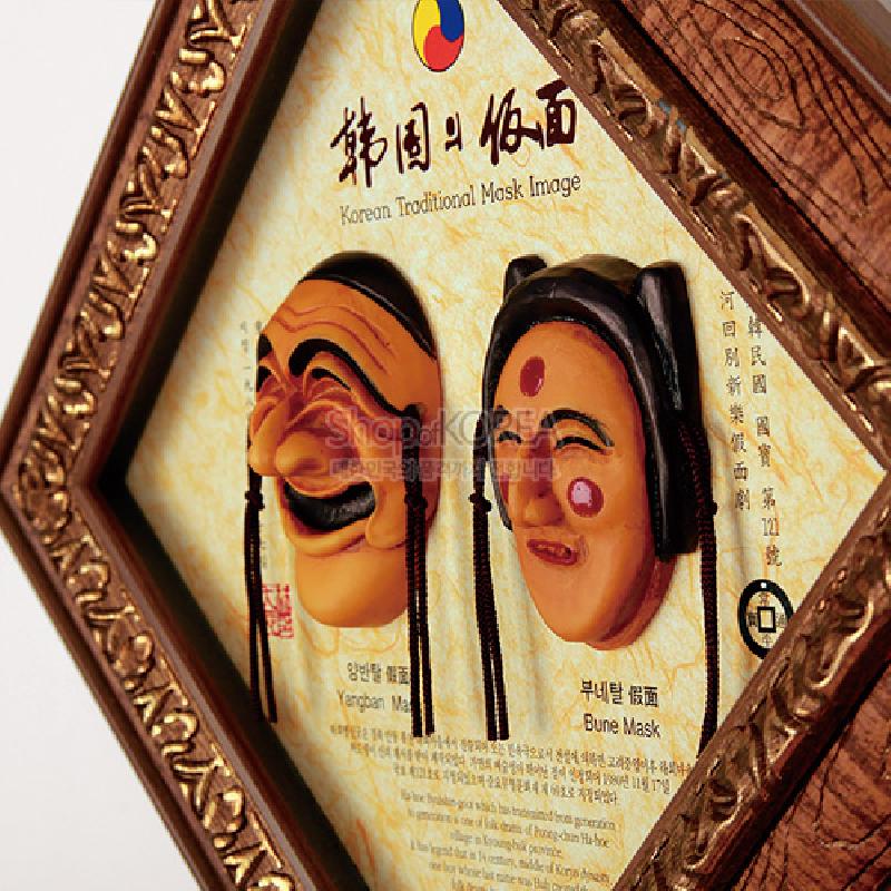 나무 재질의 입체 하회탈 양반·부네 마스크를 마름모 형태의 조각 무늬 갈색 액자에 배치한 전통 탈 장식 액자.
