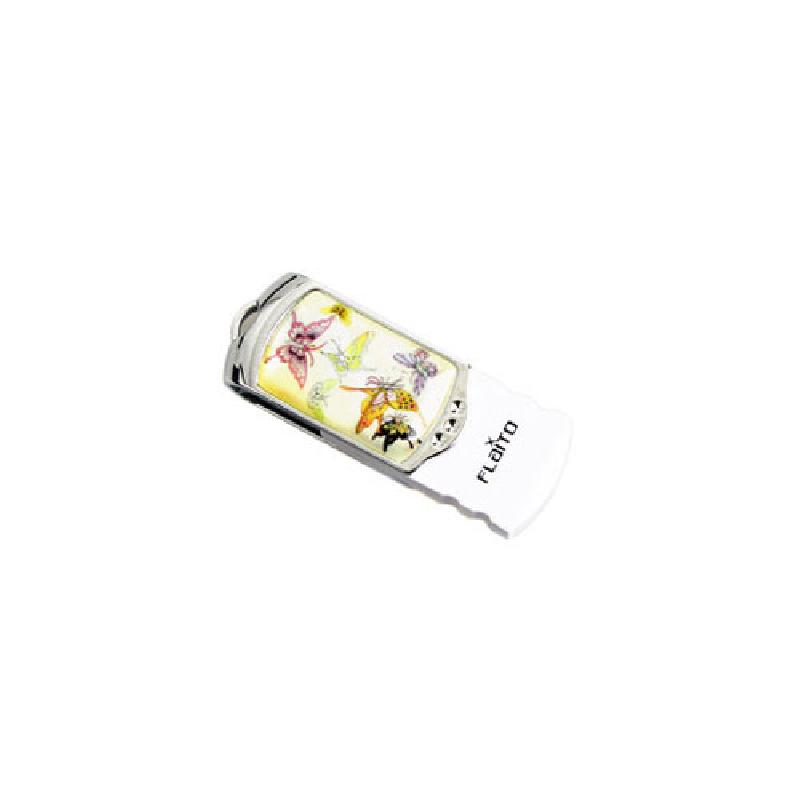 자개 느낌의 광택 위에 다채로운 색상의 나비 문양이 인쇄된 메탈 프레임 USB 메모리. 자개 느낌의 광택 위에 다채로운 색상의 나비 문양이 인쇄된 메탈 프레임 USB 메모리.