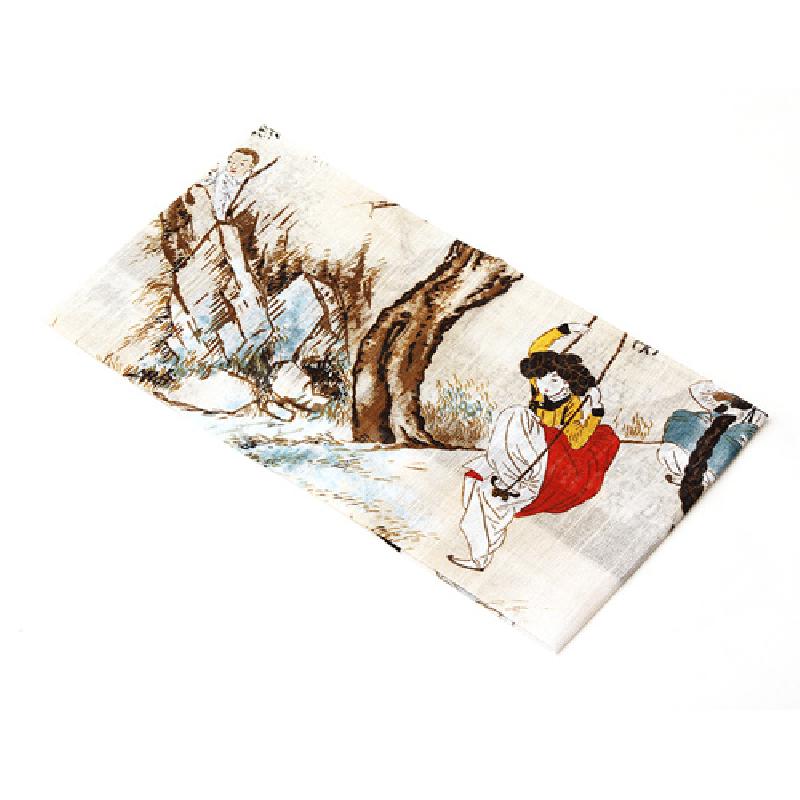 전통 민속화 단오풍정 장면을 담은 면 소재 손수건, 자연 풍경과 그네 타는 인물 문양의 다채로운 색채 표현.