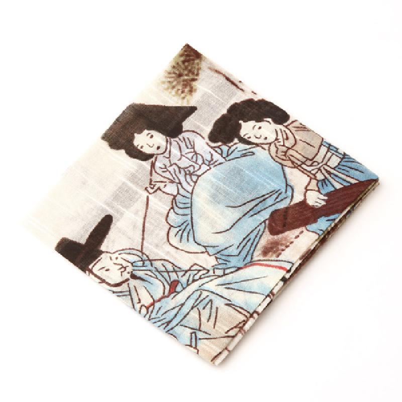 가볍고 얇은 천 재질에 신윤복 풍 인물 민속화가 인쇄된 파스텔 톤 색감의 손수건. 가볍고 얇은 천 재질에 신윤복 풍 인물 민속화가 인쇄된 파스텔 톤 색감의 손수건.